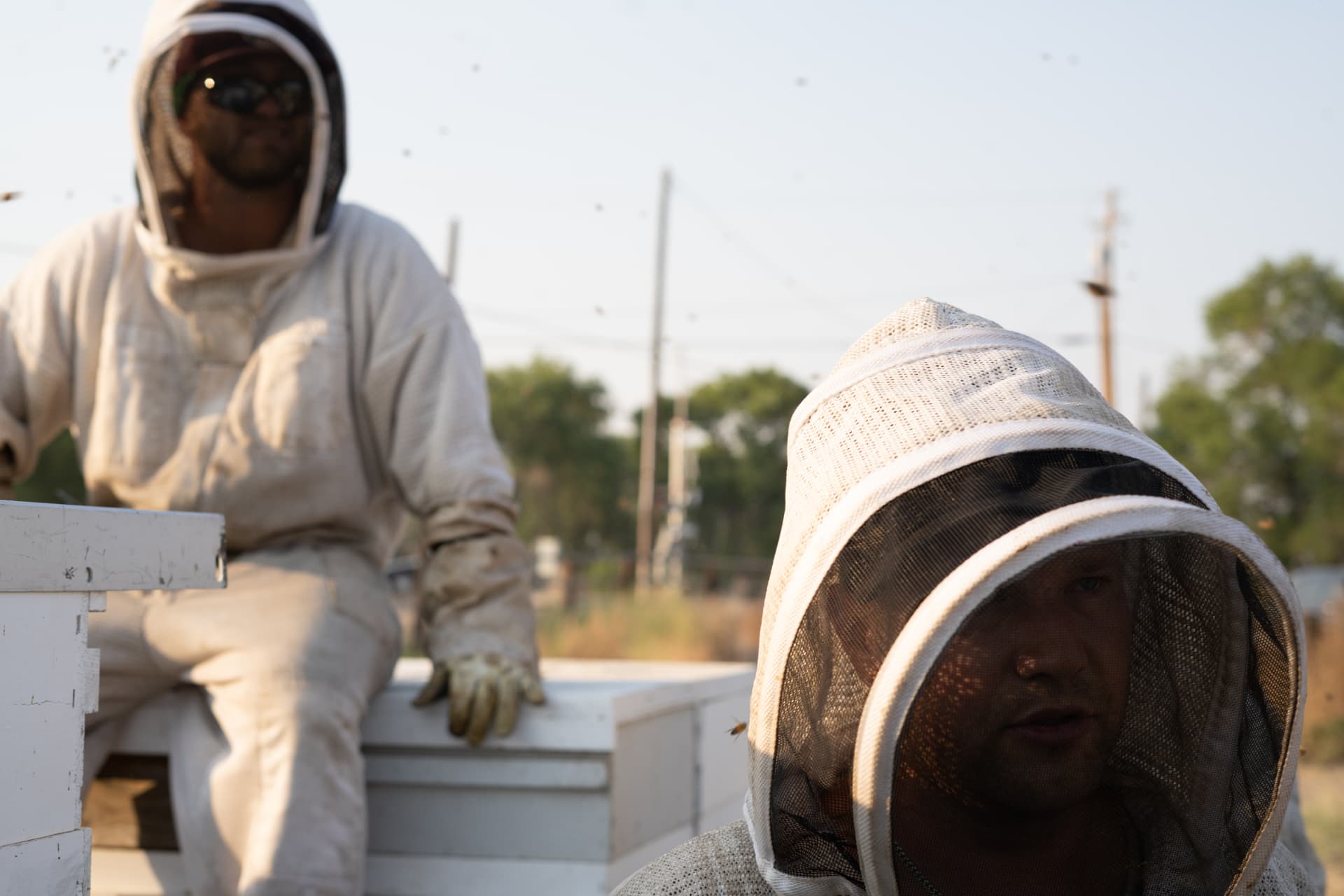Two US Pollination Inc beekeepers in veils resting between hive work