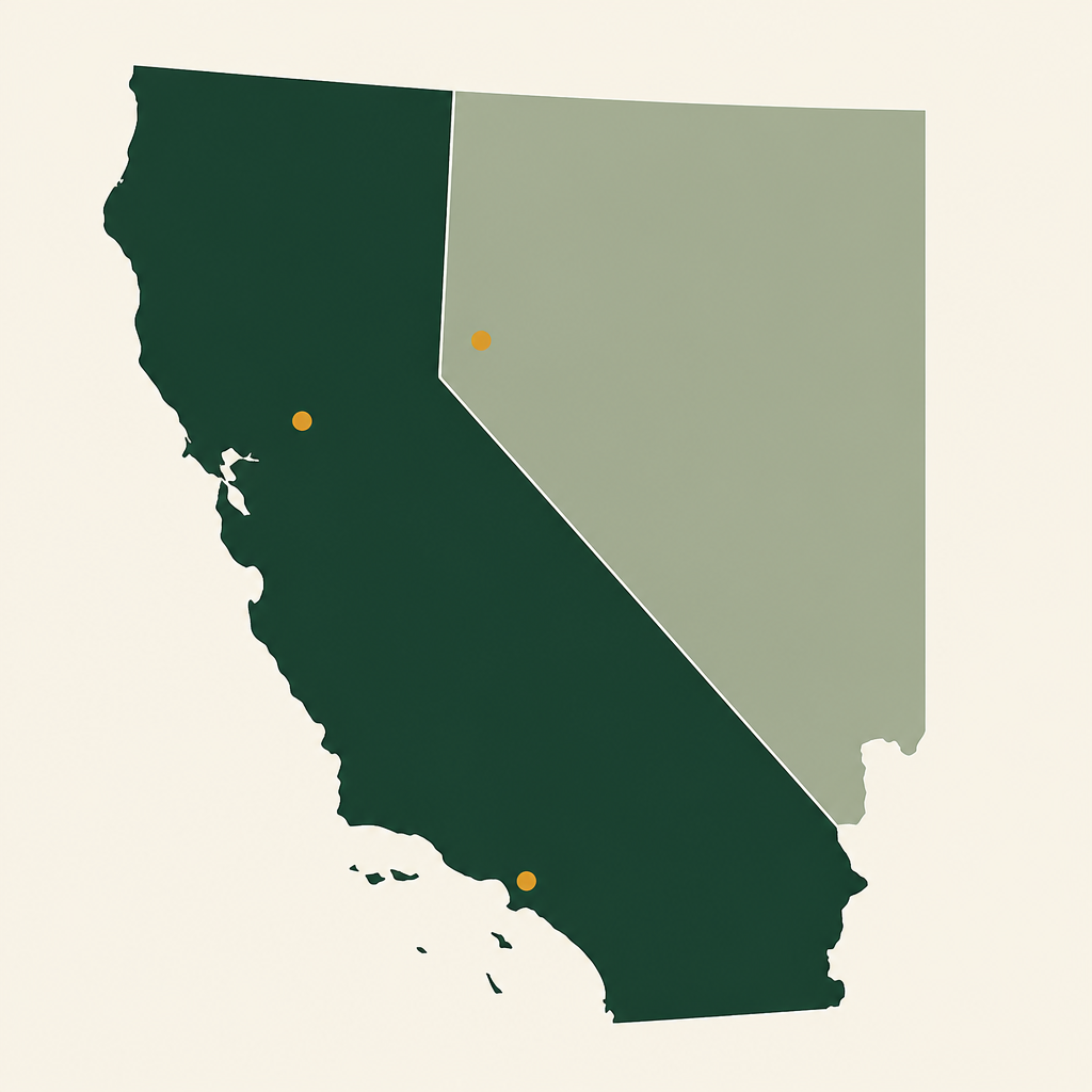 Map of California and Nevada showing statewide California pollination service and honey production in Northern California, Southern California and Northern Nevada.