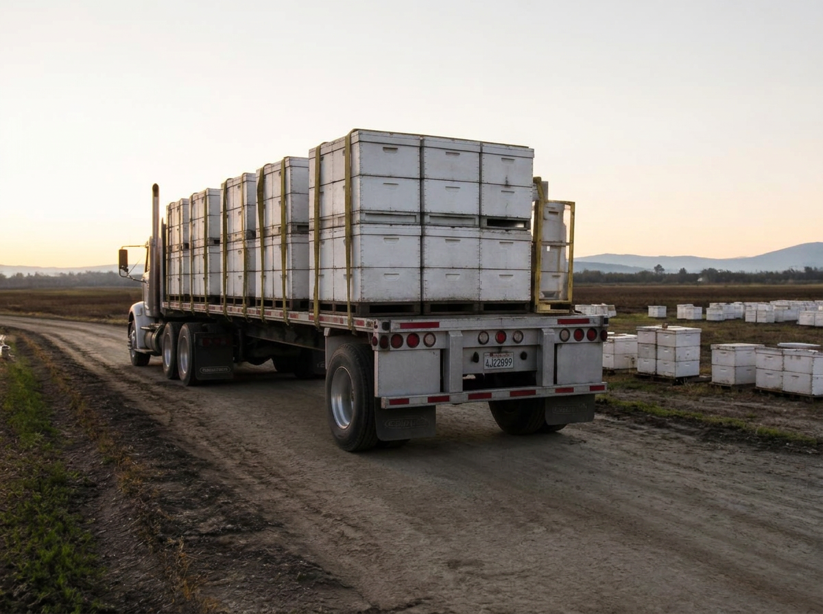 Pallets of beehives loaded on a truck for transport to an orchard