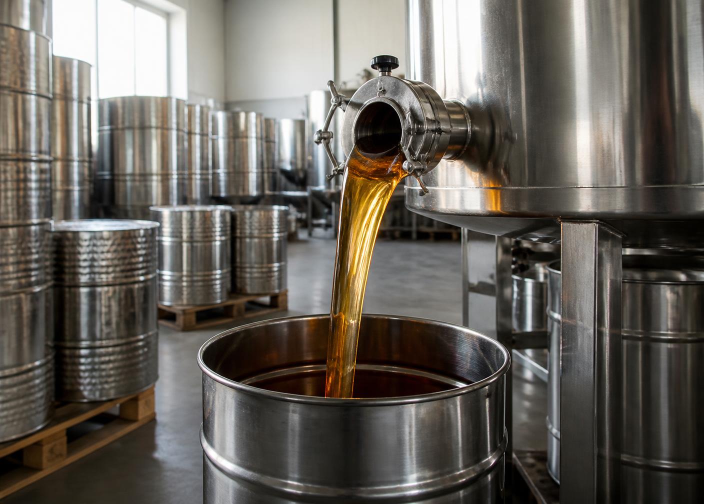 Honey being filled into a steel barrel at a commercial honey facility